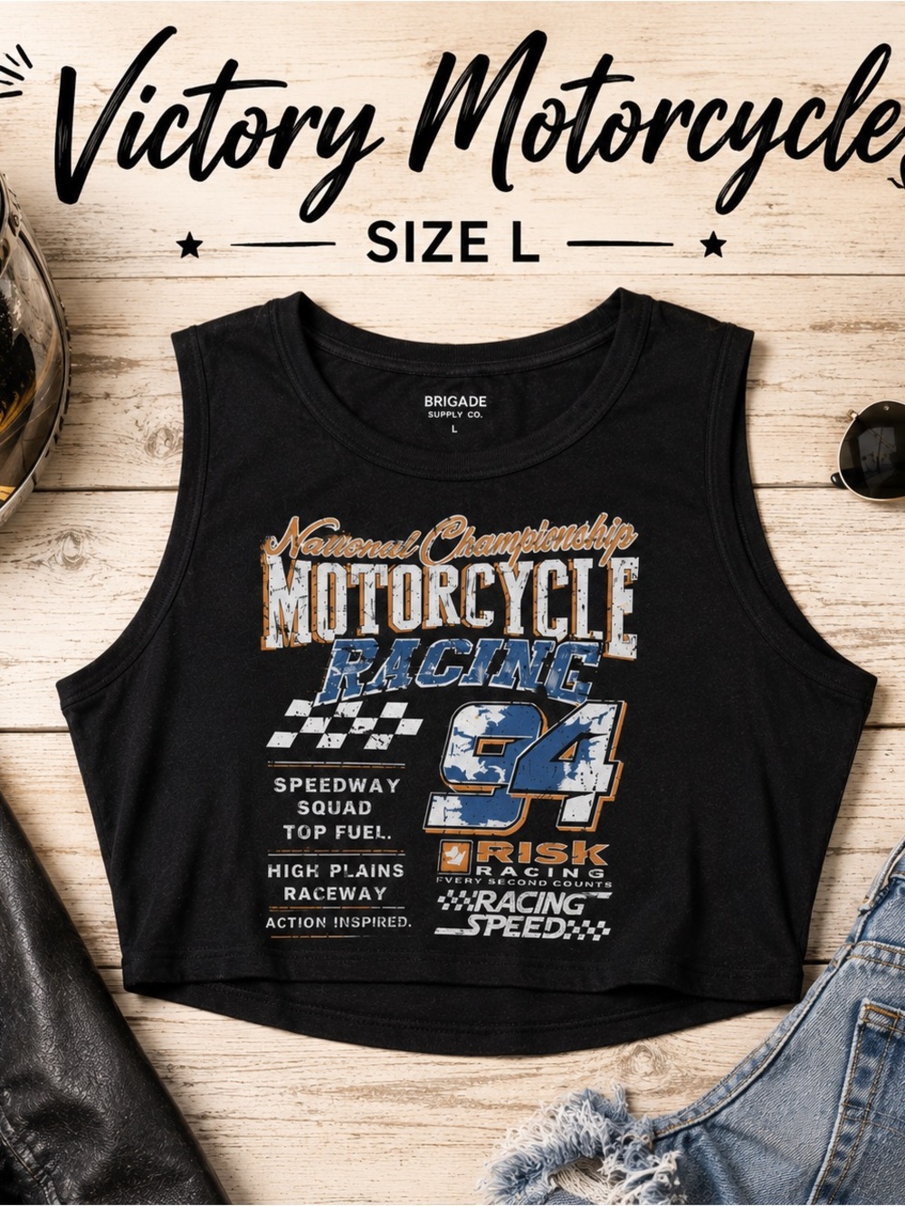 Black Motorcycle Racing Graphic Crop Tank
